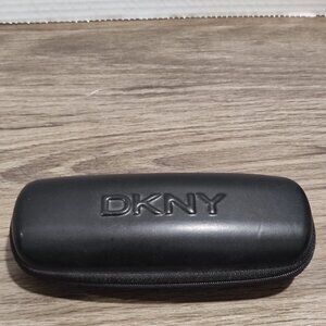 DKNY eye glasses case black faux leather inside brand name printed pattern